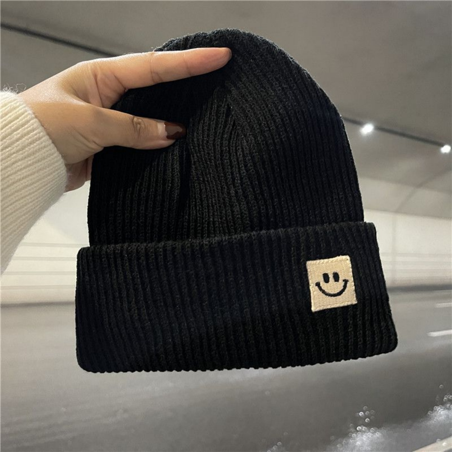 日系针织帽笑脸标毛线帽子女秋冬