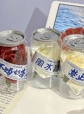冰封玫瑰鲜花朵透明易拉罐桌面装饰摆件仪式感礼品情人节搞怪礼物