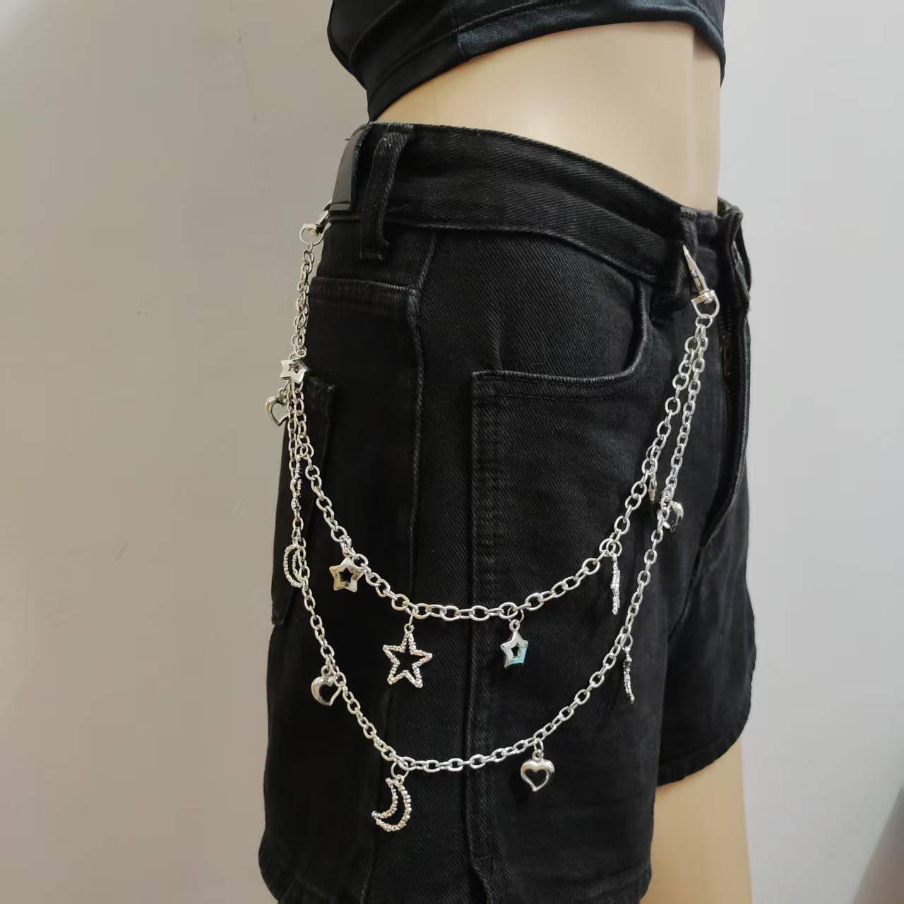欧美跨境饰品 朋克金属星星月亮牛仔裤链 街拍百搭多层链条腰链女