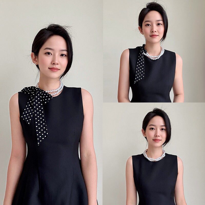 春夏珍珠项链长条小丝巾女飘带百搭高级感领巾复古薄款围巾锁骨链