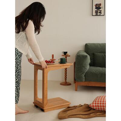 后野樱桃木移动边桌手推车沙发咖啡桌手推车带轮子的移动小桌小方