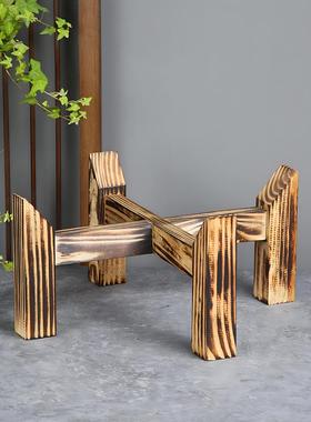 陶瓷鱼缸实木底座鱼缸装饰品十字木架圆形古法鱼缸支架陶瓷缸专用