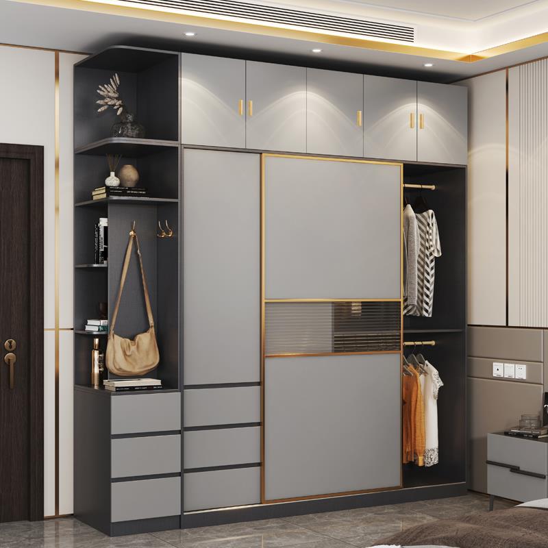 意式轻奢推拉门带开门衣柜组合现代家用卧室移门衣柜灰色大衣橱