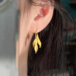 新中式金色拉丝树叶耳环轻奢高级感复古风耳钉小众独特气质耳饰女