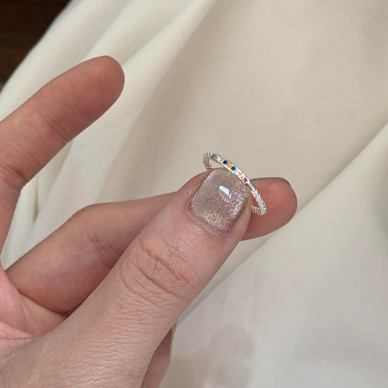 银色极细彩色锆石素圈戒指女小众