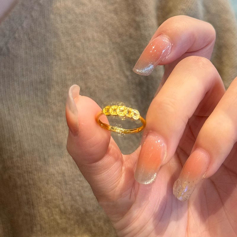 金色钱多多碎冰冰铜钱戒指女轻奢图片