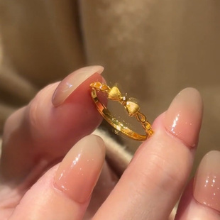 沙金镂空蝴蝶结戒指轻奢高级感复古甜美指环小众设计可调节食指戒