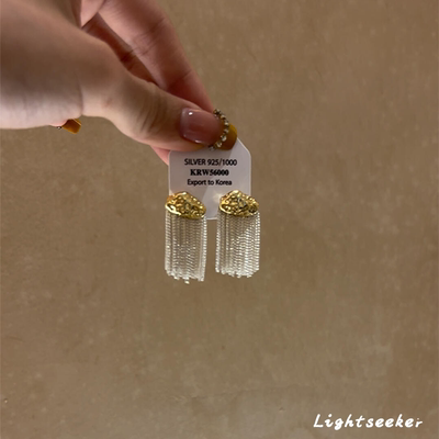 撞色金属块瀑布流苏耳环秋冬耳钉