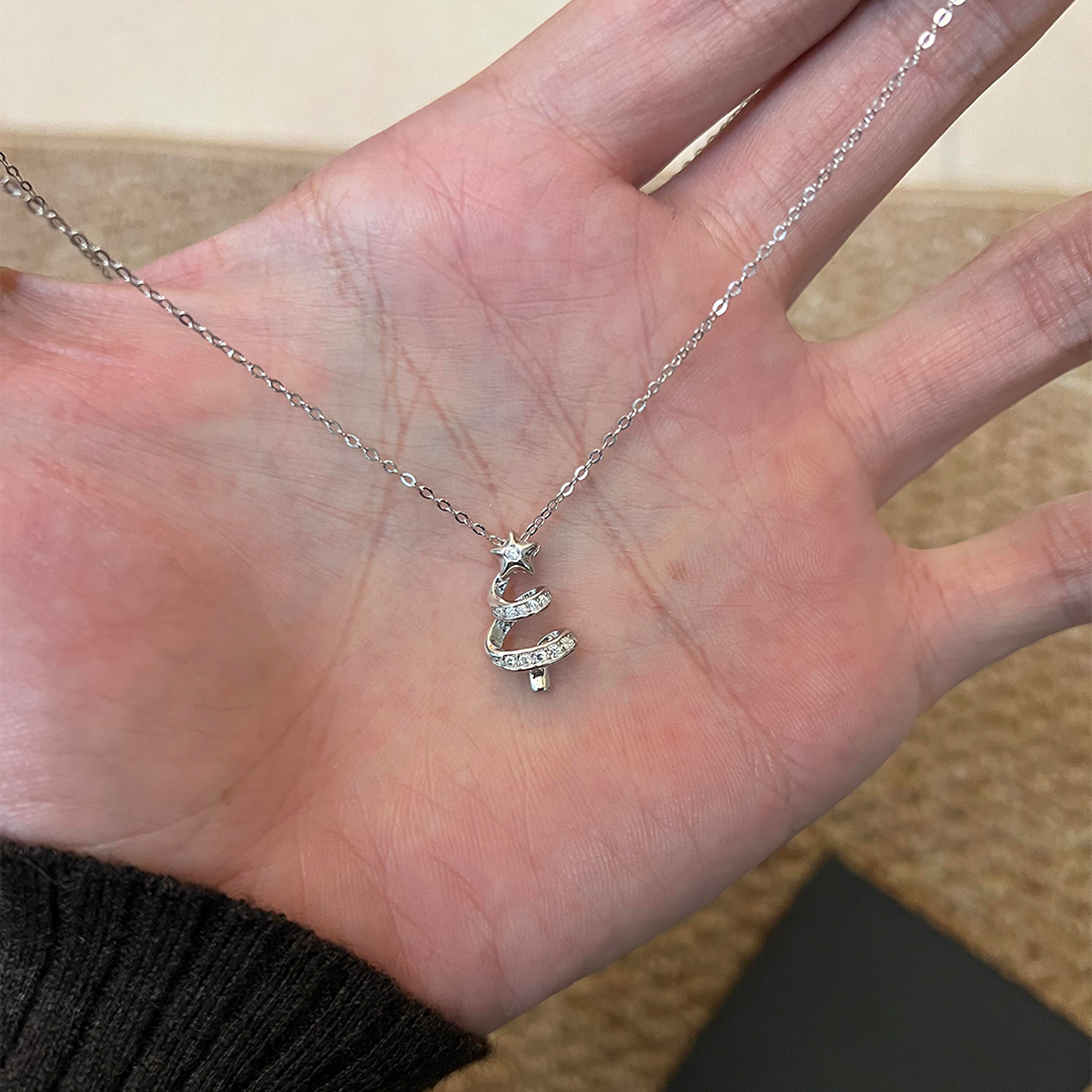 清冷感银色幸运星圣诞树项链女款