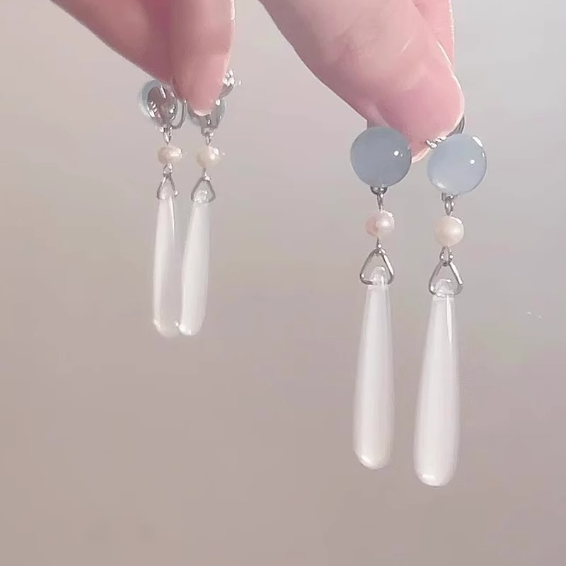 新中式蓝色圆珠仿珍珠水滴耳环