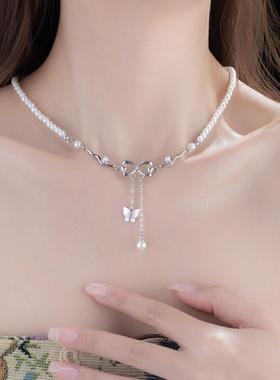 蝴蝶结流苏珍珠项链女款轻奢小众