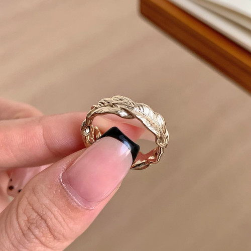 复古咖啡金树叶纹理戒指女高级感