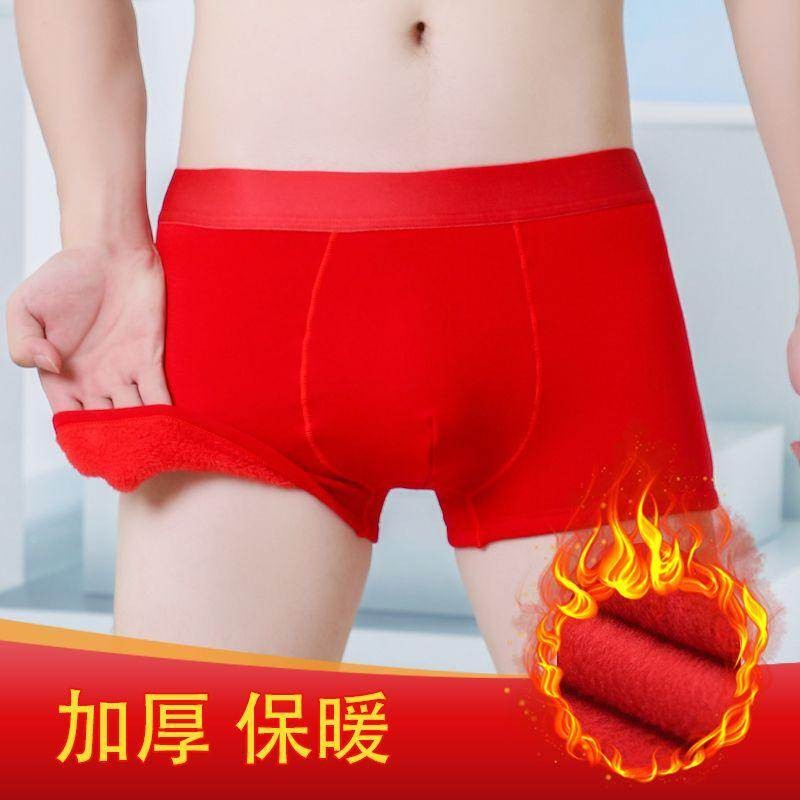 冬季保暖内裤男士加绒加厚棉四角短裤头红色内裤男本命年平角裤衩