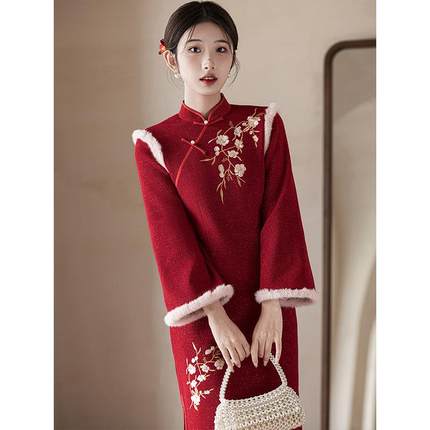 红色旗袍敬酒服新娘冬季加绒加厚保暖新中式刺绣秋冬结婚订婚礼服