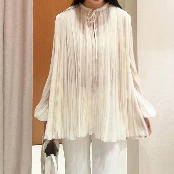 现货2025早春新款高级杏色复古宫廷感灯笼袖仙气长袖仿真丝衬衫