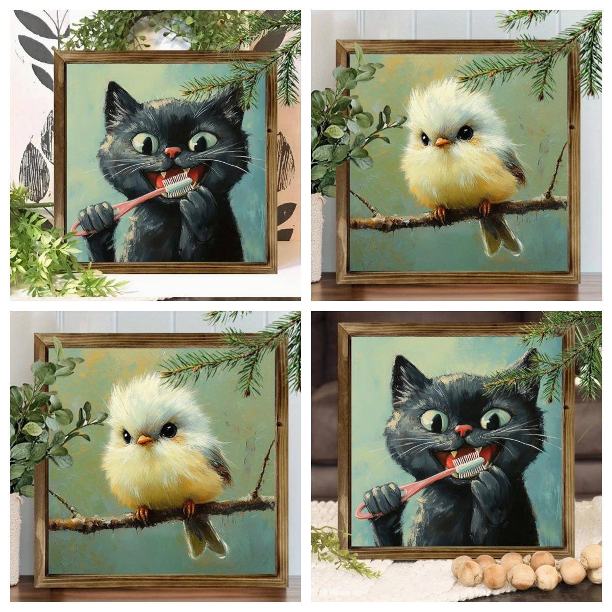 跨境讲卫生的猫和萌宠雀鸟木质客厅过道餐厅装饰画装饰照片墙图片
