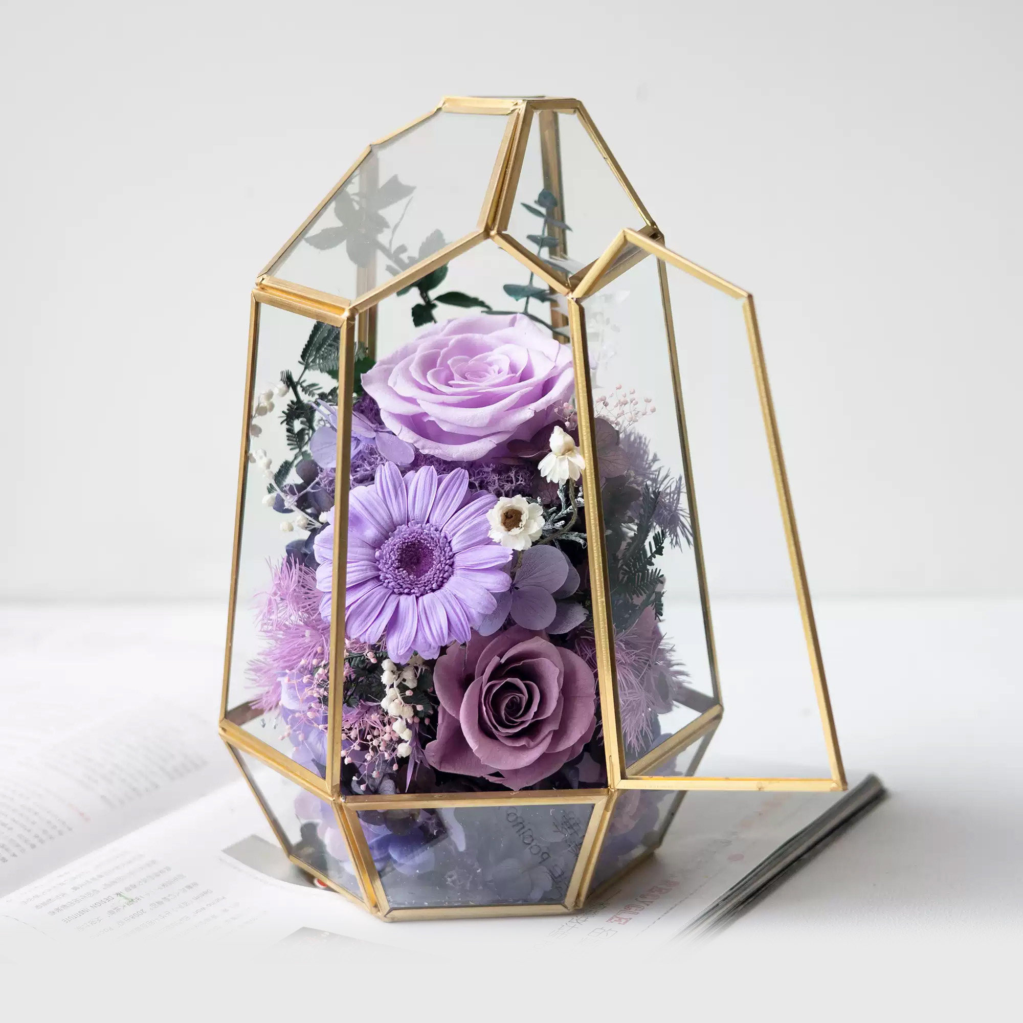 紫色永生花玫瑰非洲菊混合花束