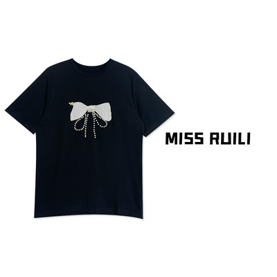 MISS RUILI定制 夏季时尚重工立体蝴蝶钉珠刺绣双面棉T恤A7256