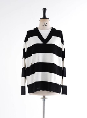 no5inmode高品质V领羊毛衫VISETA条纹破洞毛衣