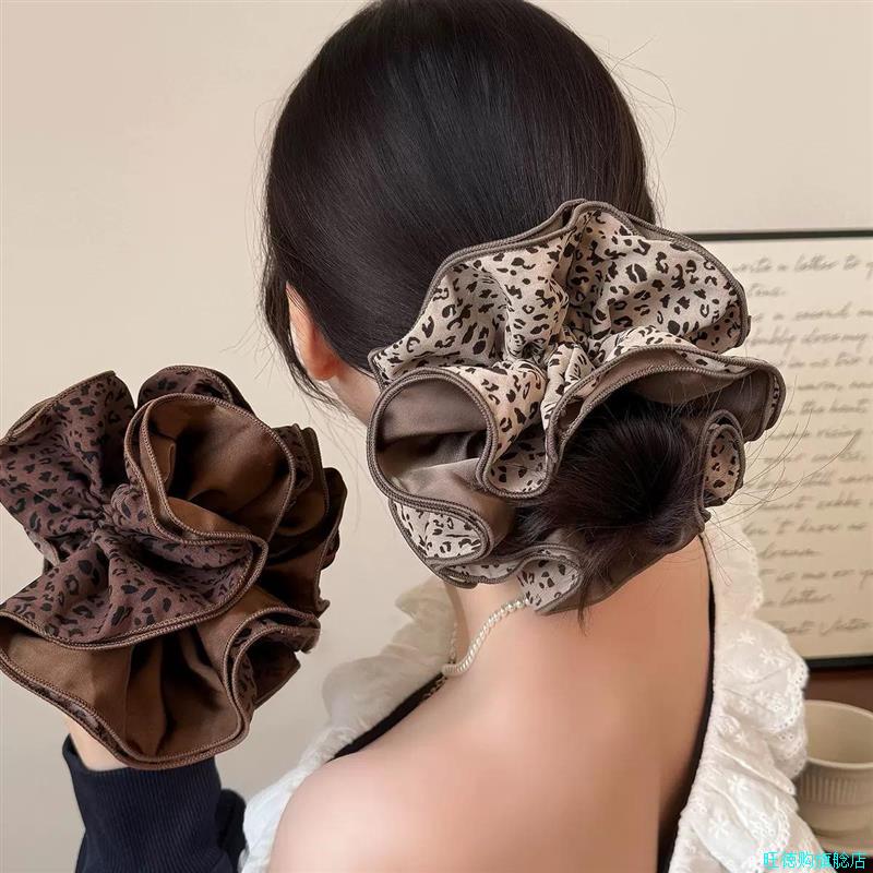 早秋复古美拉德豹纹大肠发圈高级感后脑勺盘发扎丸子头发绳头饰*
