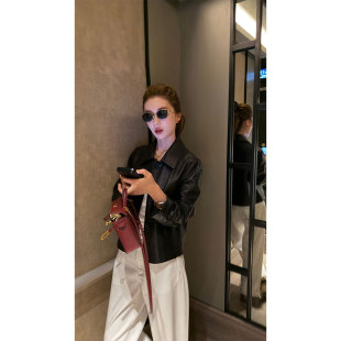 大口袋复古酷飒风显瘦高级感气质外套 翻领皮衣女新款 炽火火 短款