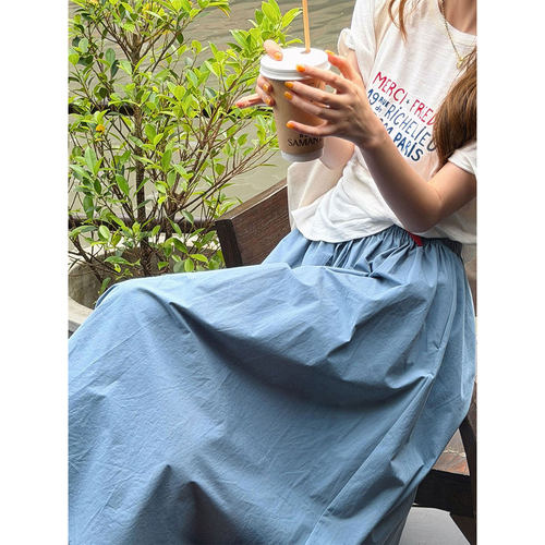 浅蓝色抽绳松紧腰半身裙女新款