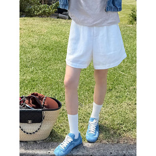 松弛感宽松显瘦透气百搭通勤短裤 女新款 炽火火白色莱赛尔亚麻中裤
