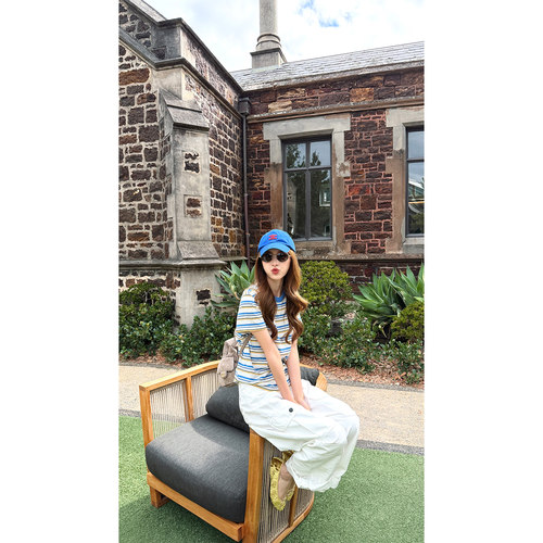 撞色条纹圆领宽松短袖T恤女