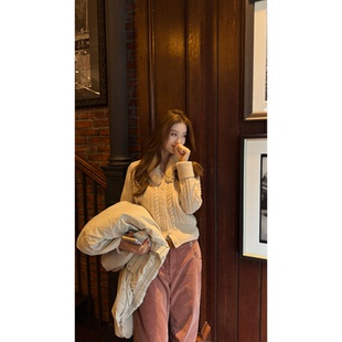 短款 开衫 针织衫 100绵羊毛濑兔毛领温柔风减龄韩版 女新款 炽火火