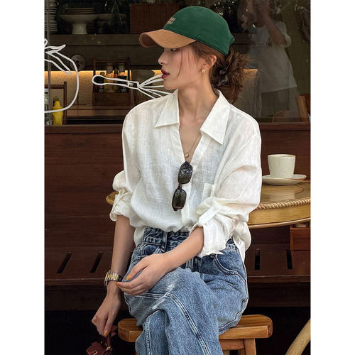 老钱风亚麻衬衫女新款白色翻领