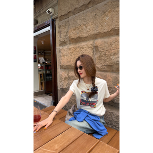 宽松圆领纯棉时尚 炽火火 美式 t恤女2026新款 上衣 复古做旧印花短袖