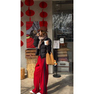 韩系运动风显瘦直筒裤 炽火火 抽绳高腰休闲裤 女新款 侧条纹阔腿裤