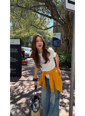 炽火火美式复古水洗做旧工装牛仔裤女新款宽松显瘦多口袋阔腿长裤