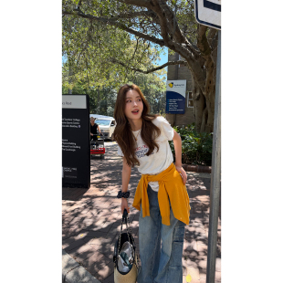 宽松显瘦多口袋阔腿长裤 炽火火美式 女新款 牛仔裤 复古水洗做旧工装