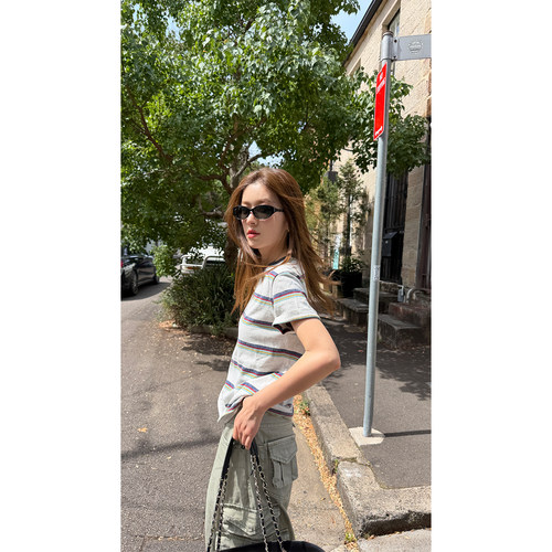 复古撞色条纹短袖t恤女