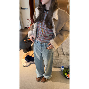 通勤百搭长裤 高腰宽松显瘦阔腿裤 女新款 炽火火复古水洗浅蓝牛仔裤