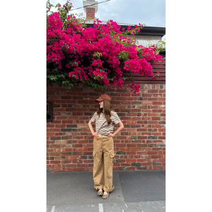 卡其色抽绳工装 风宽松显瘦长裤 阔腿裤 复古工装 女春秋新款 炽火火