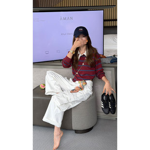 条纹Polo衫 学院风撞色长袖 女新款 美式 上衣 宽松百搭经典 炽火火