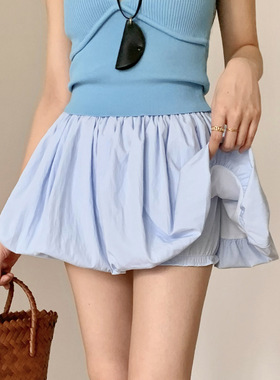 冰丝甜美花苞短裙女夏季新款高腰休闲A字蓬蓬防走光南瓜裤半身裙