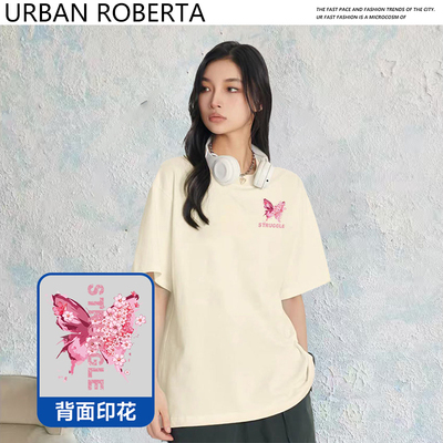 【花花严选】URBAN ROBERTA夏季纯棉字母印花文艺范款短袖t恤2