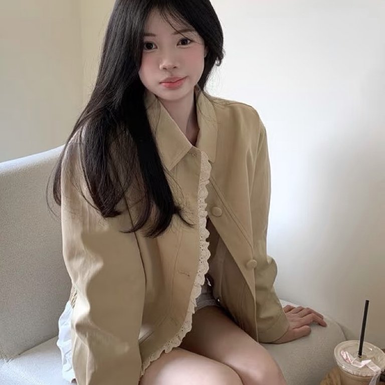 花边拼接翻领长袖夹克外套女20短外套