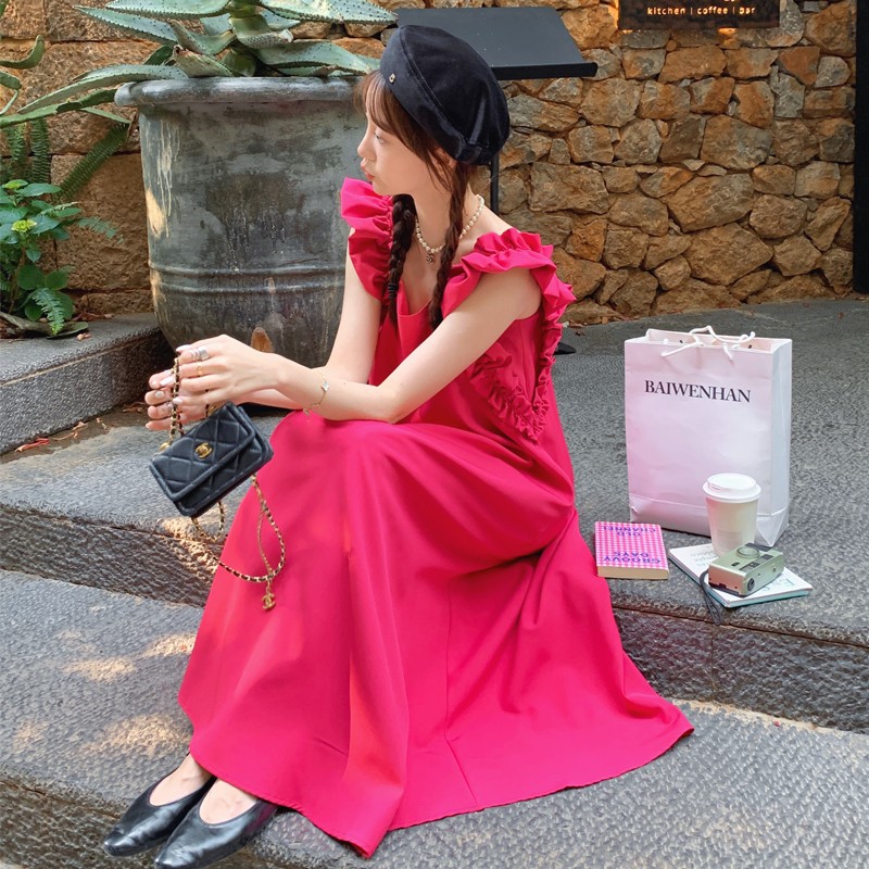 玫红色背带长裙背心裙女夏季2025年新款法式方领显瘦木耳边连衣裙