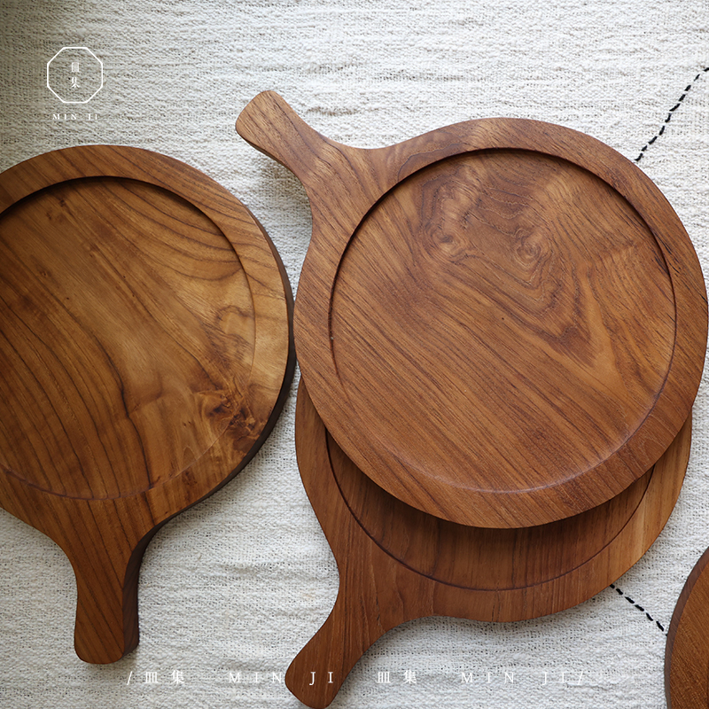 皿集|PIZZA盘\柚木餐盘披萨面包板圆形牛排牛扒西餐把手托盘砧板