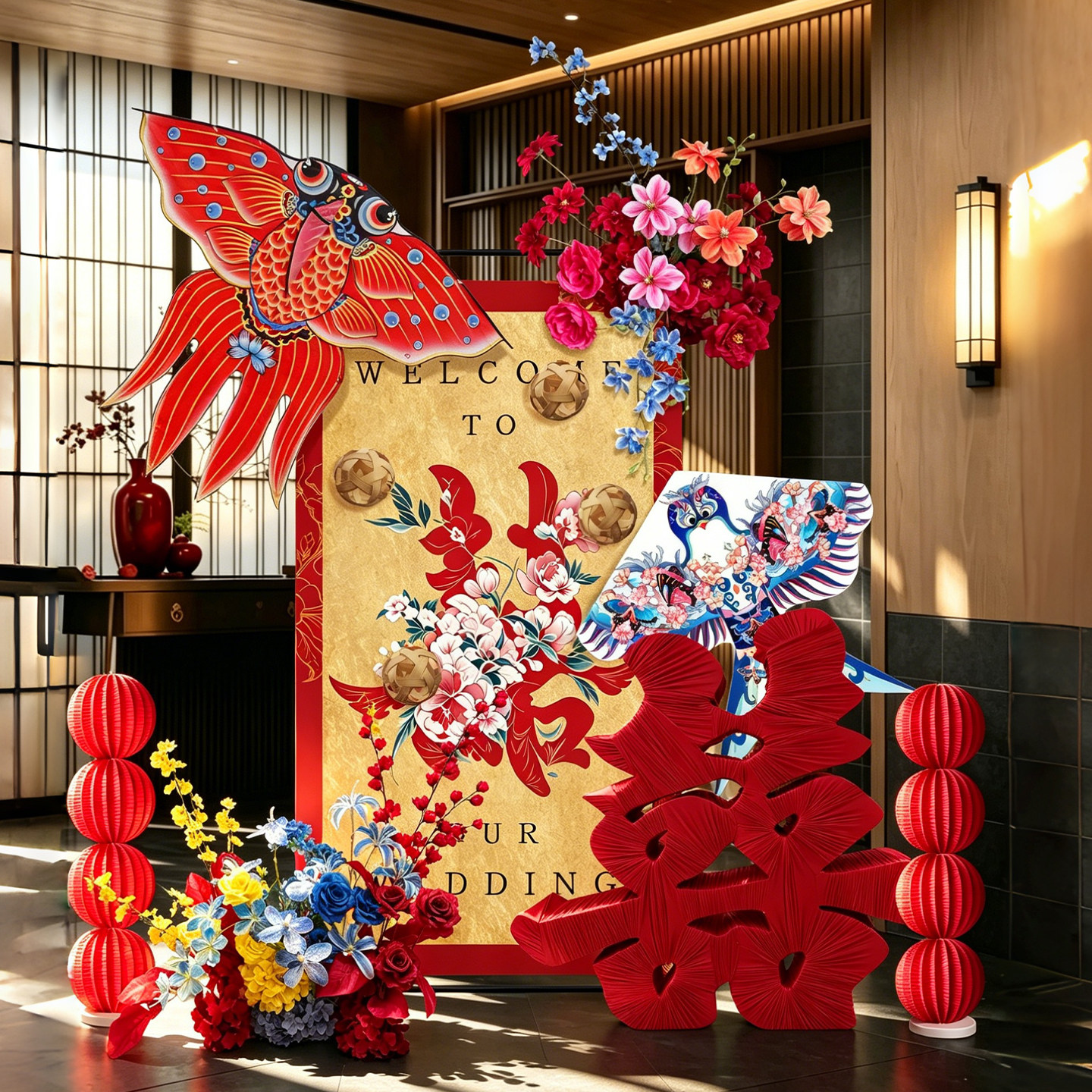 结婚迎宾背景KT板红金鱼风筝套装图片