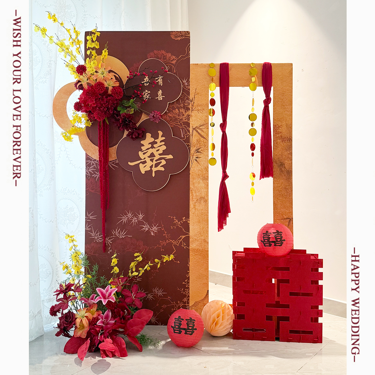 新中式晨袍拍照背景布置KT板