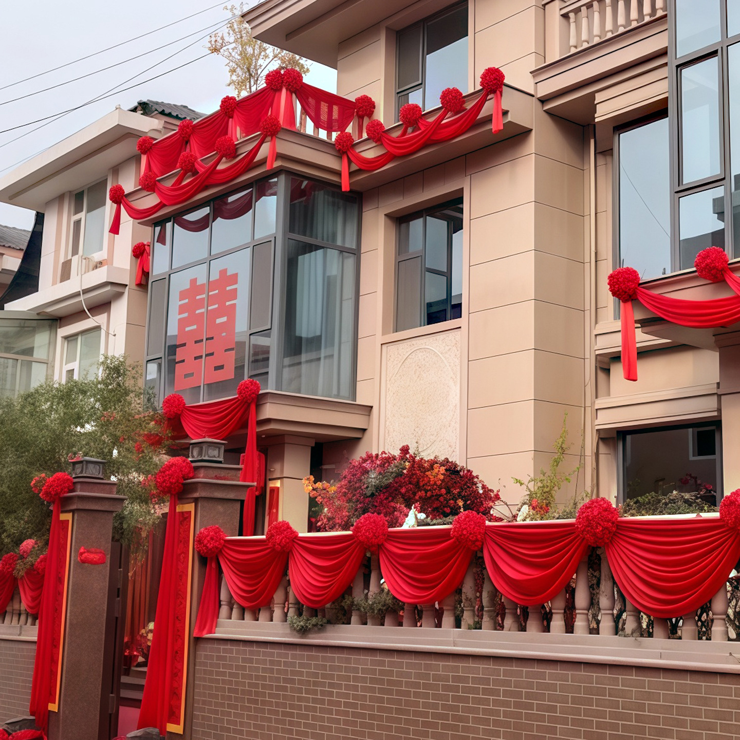 婚礼婚房布置大门绸缎拉花套装