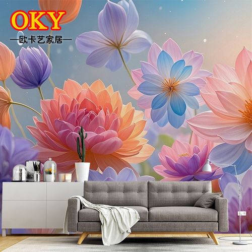 新中式手绘花卉壁画背景墙定制