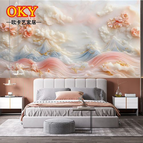 新中式粉色山水仿石雕定制壁画