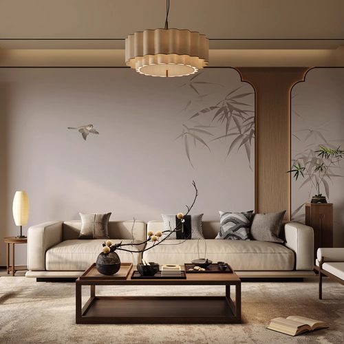 水墨竹雀定制壁画客厅沙发背景墙