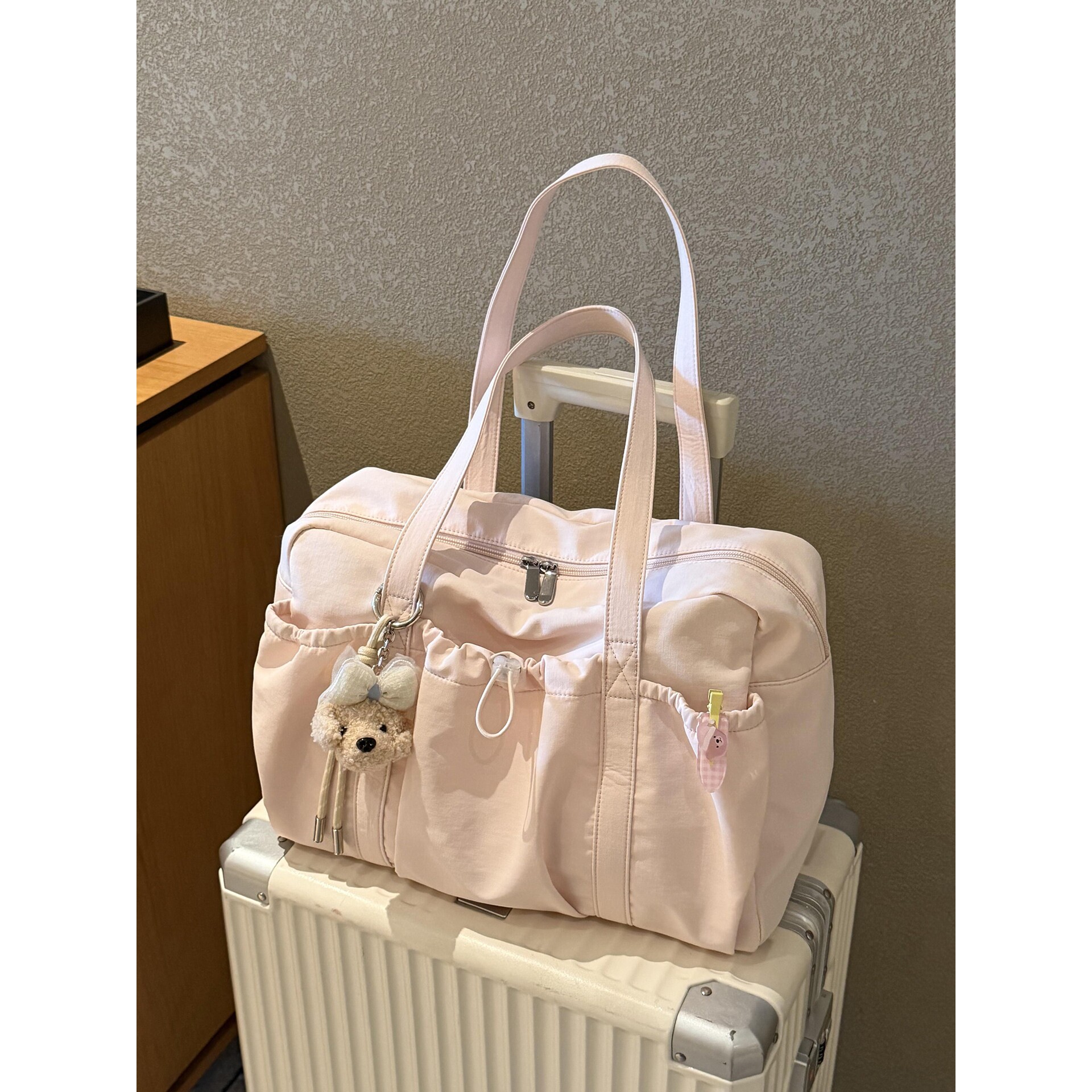 韩系粉色大容量帆布旅行包女高颜值短途旅游收纳百搭休闲行李袋